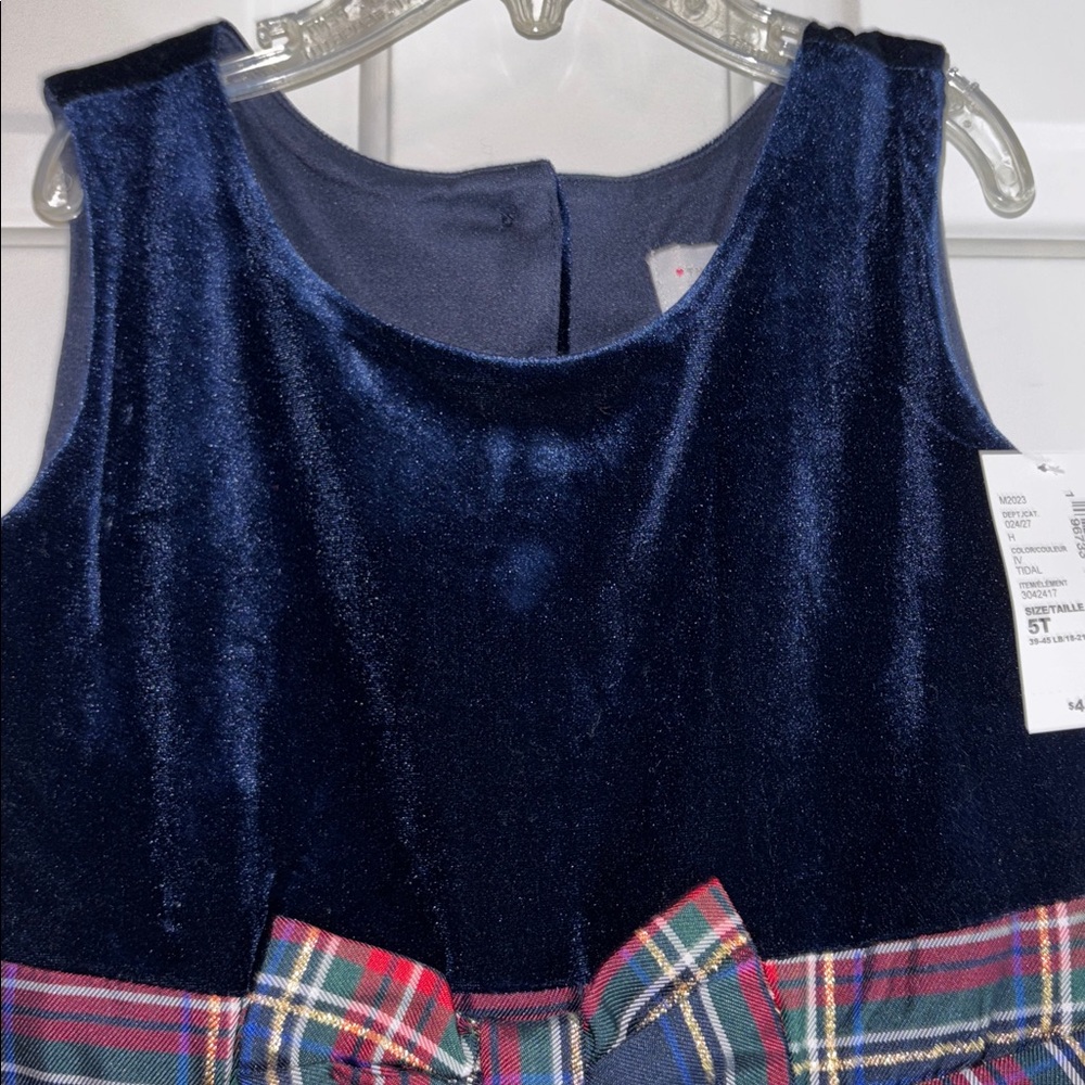 NWT Children’s Place Blue Velvet Plaid Sleeveless Dress 👗 with Bow - Picture 4 of 7